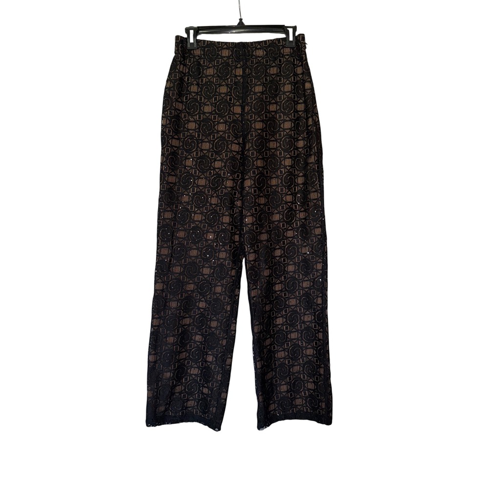 St John Evening Marie Gray Black Lace Sequin Wide Leg Pants Bronze Bronze Size 8